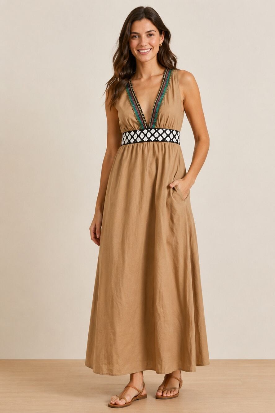 Corey Lynn Calter Ribbon Detail Cotton Maxi Dress Tan Multicolor Size 2